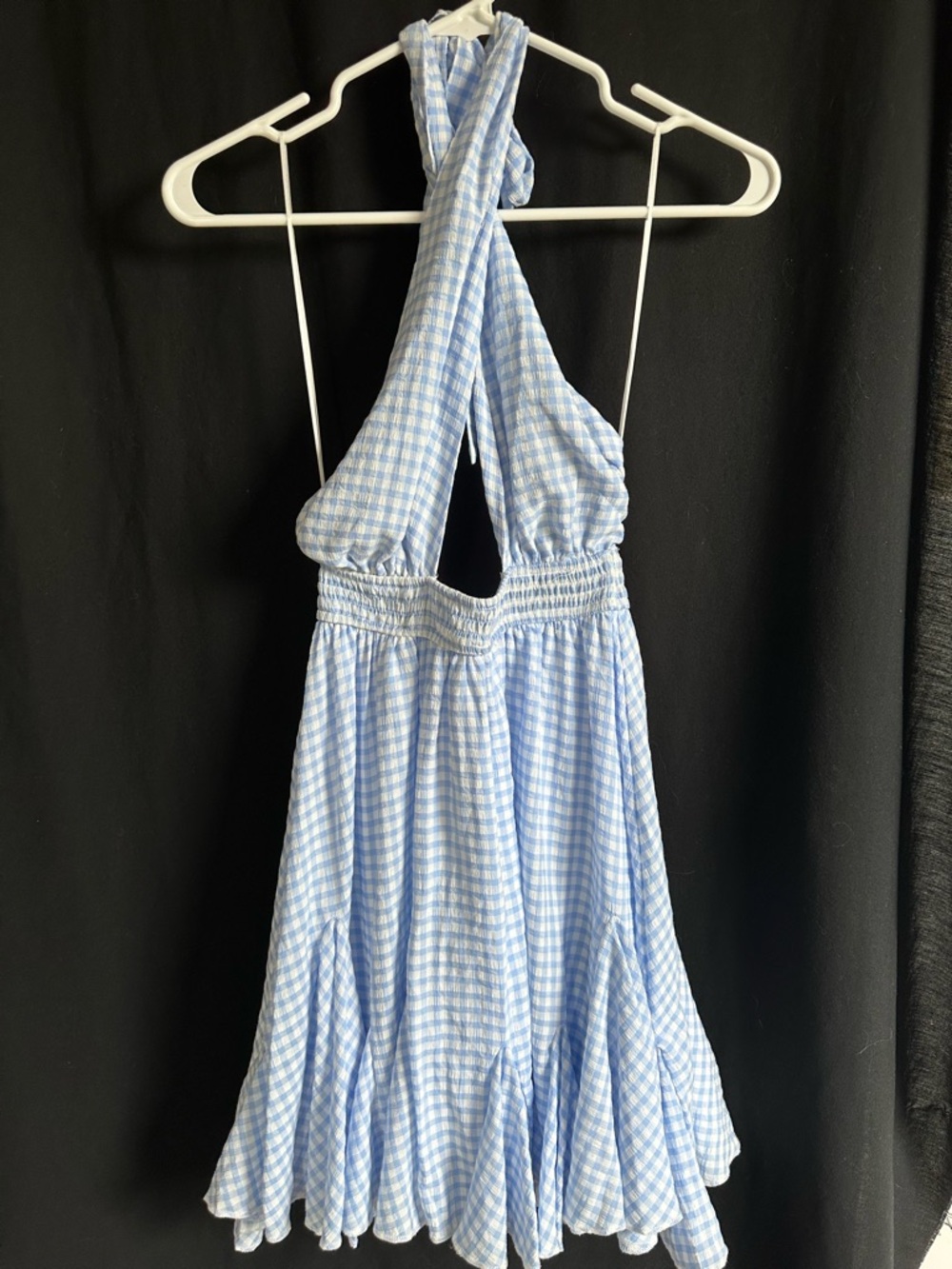 Backless Halter Gingham Dress in Light Blue